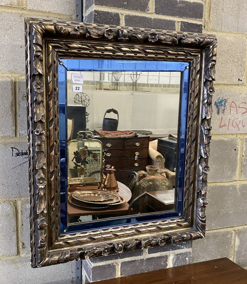 A rectangular giltwood wall mirror with blue glass slip, width 70cm, height 80cm